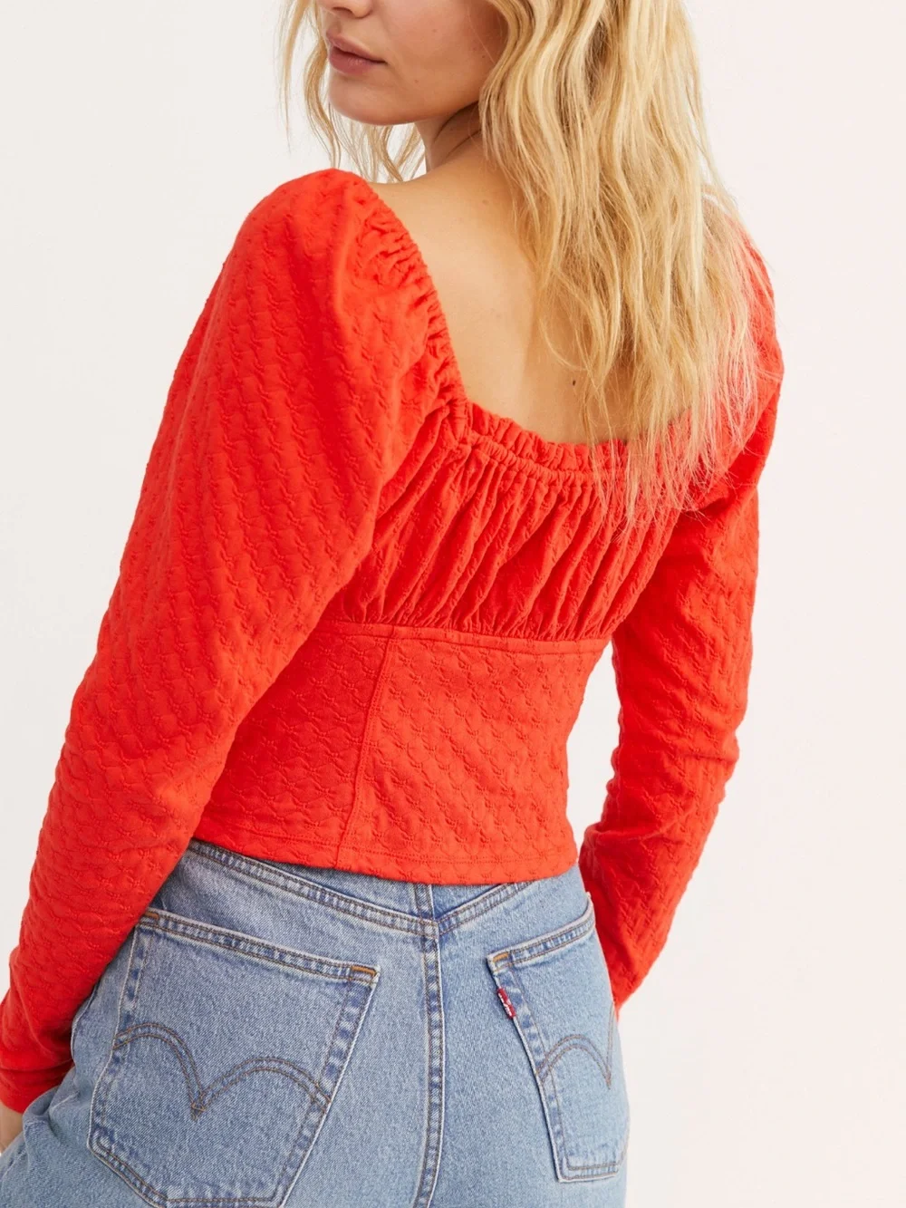 Free People Red Long-Sleeve Square Neck Crop Top large